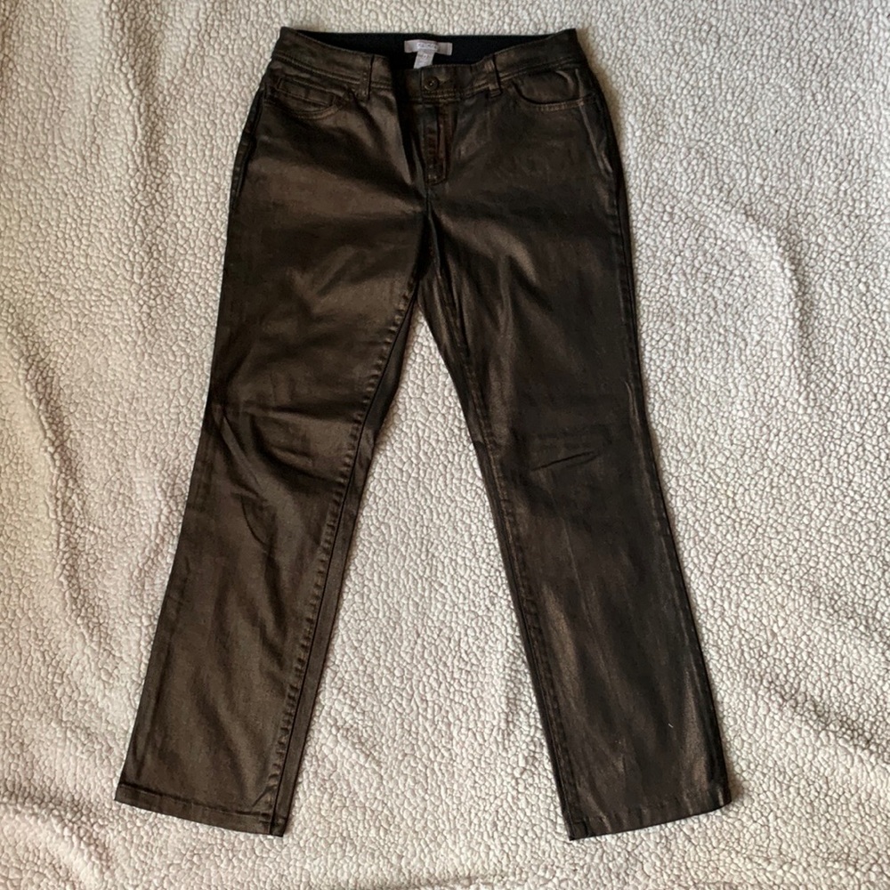 Chico’s Bronze Metallic Straight Jegging Jeans 0 Short